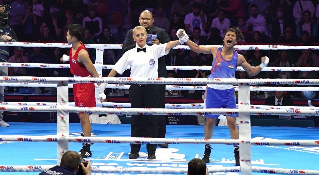 India&#039;s Nikhat Zareen exults after winning the gold medal. (PC: BFI)