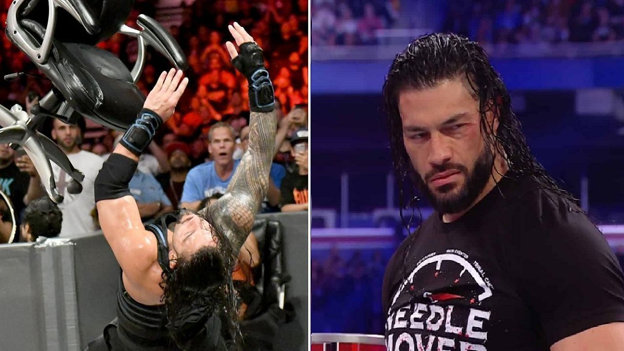Roman Reigns on the receiving end of a painful-looking chair launch (left); The Tribal Chief (right)