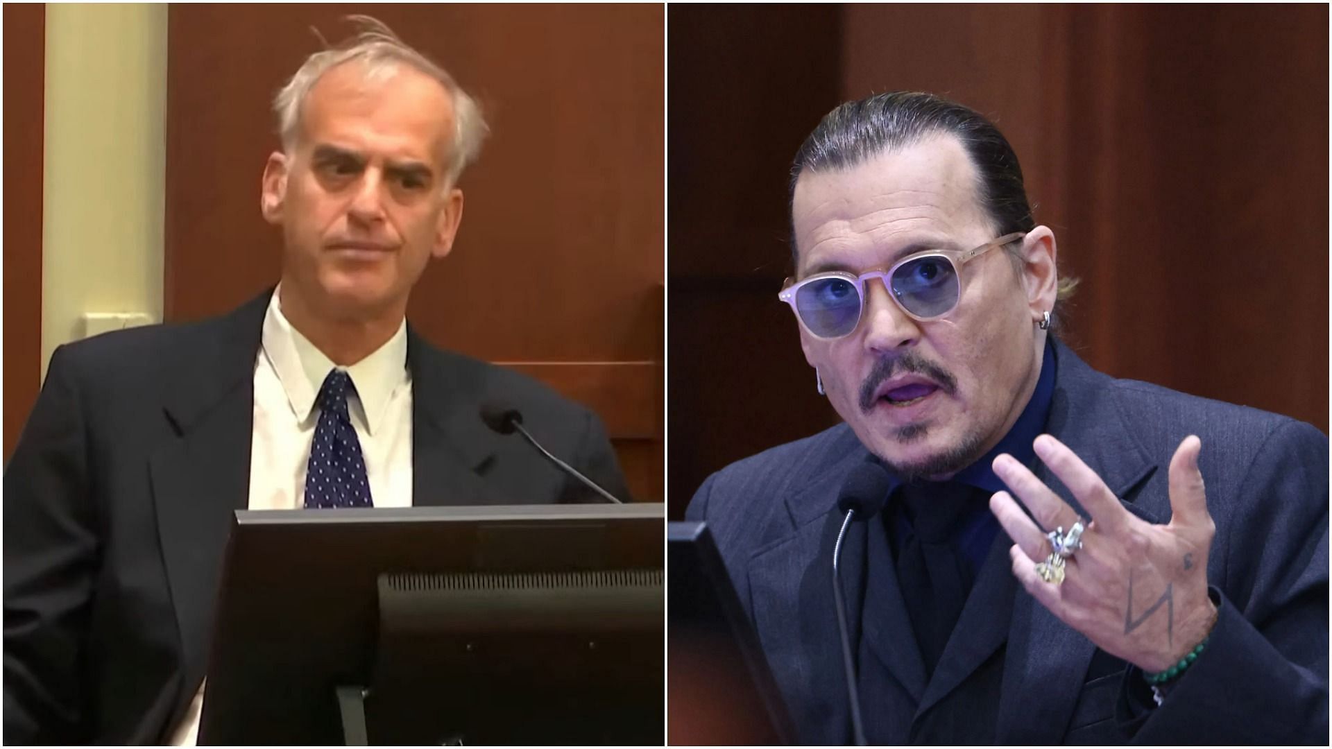 Dr. David Spiegel and Johnny Depp in the trial (Image via Law&amp;Crime Network/YouTube, and Jim Lo Scalzo/POOL/AFP/Getty Images)