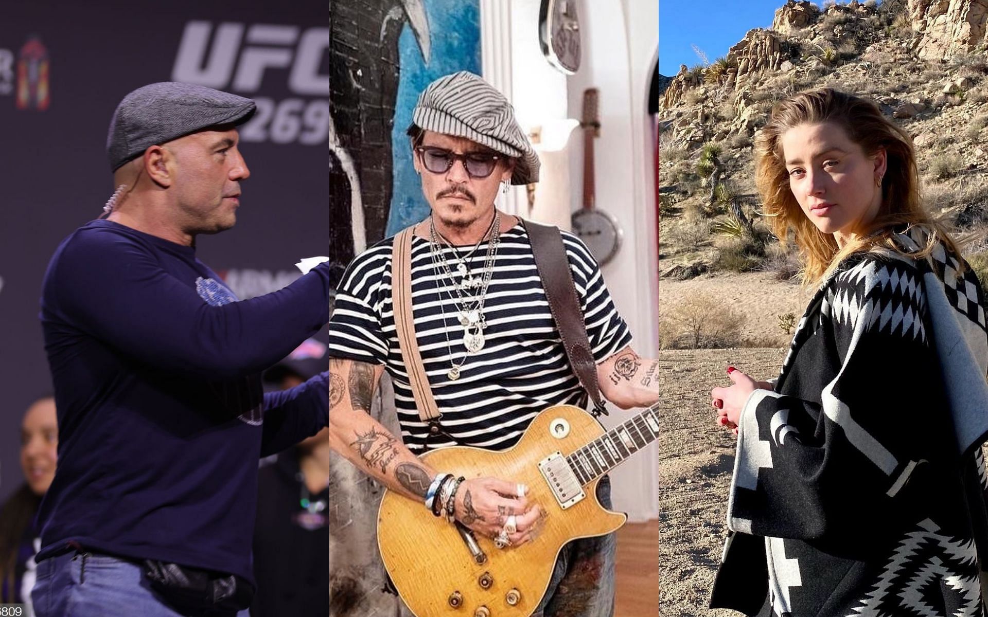(L to R) Joe Rogan, Johnny Depp, Amber Heard (via @johnnydepp and @amberheard on Instagram)
