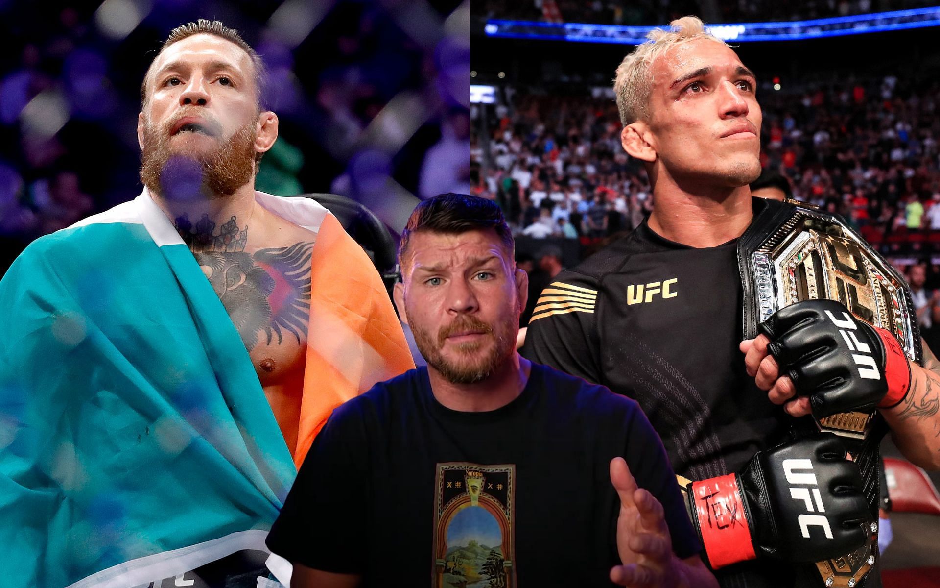 Conor McGregor (left), Michael Bisping (center), and Charles Oliveira (right) (Images via Getty and YouTube / Michael Bisping)