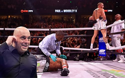 Joe Rogan (left), Tyron Woodley (center), and Jake Paul (right) (Images via Getty)