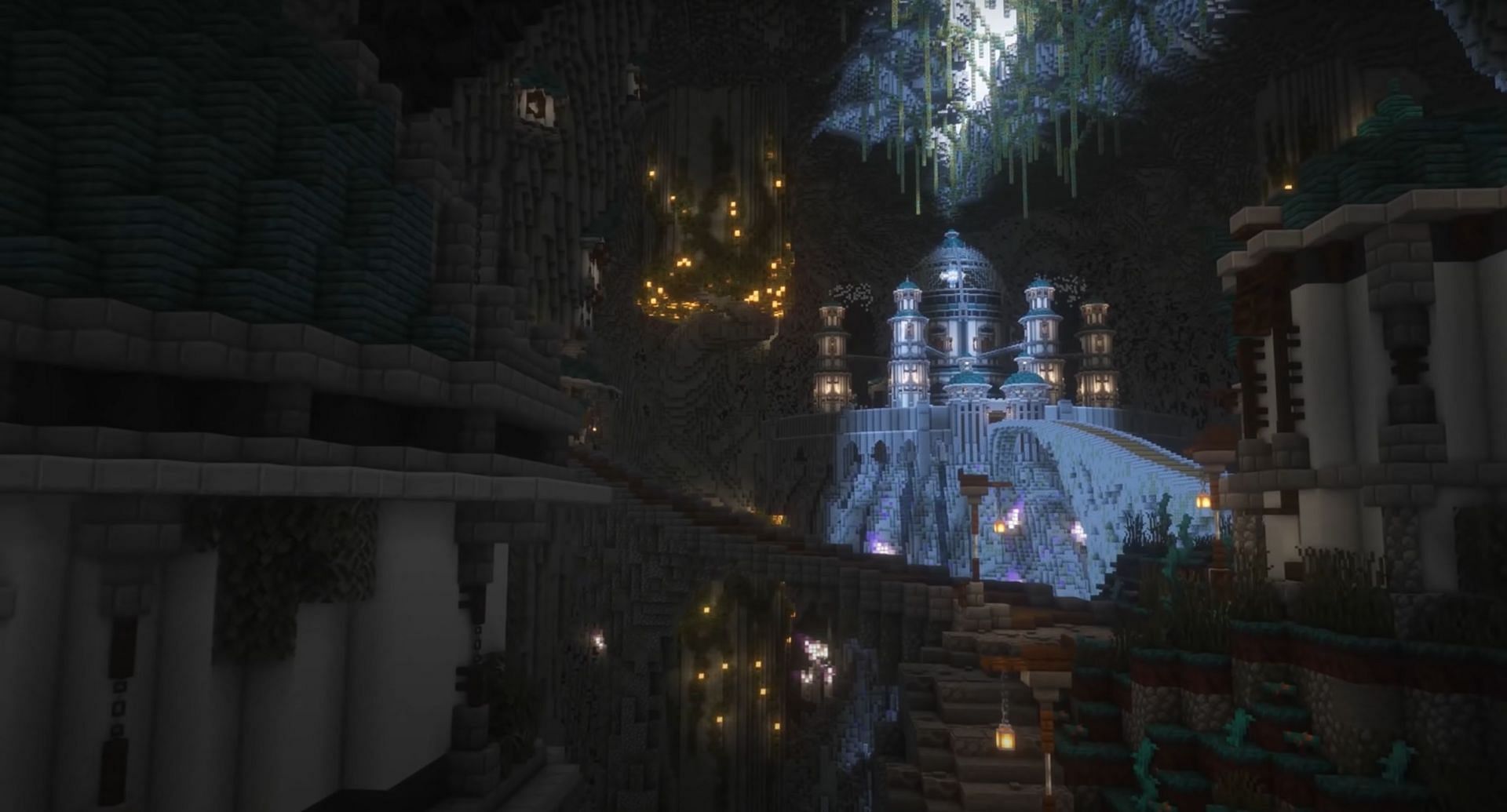 This massive build was developed entirely inside of a custom cave (Image via TrixyBlox/Youtube)