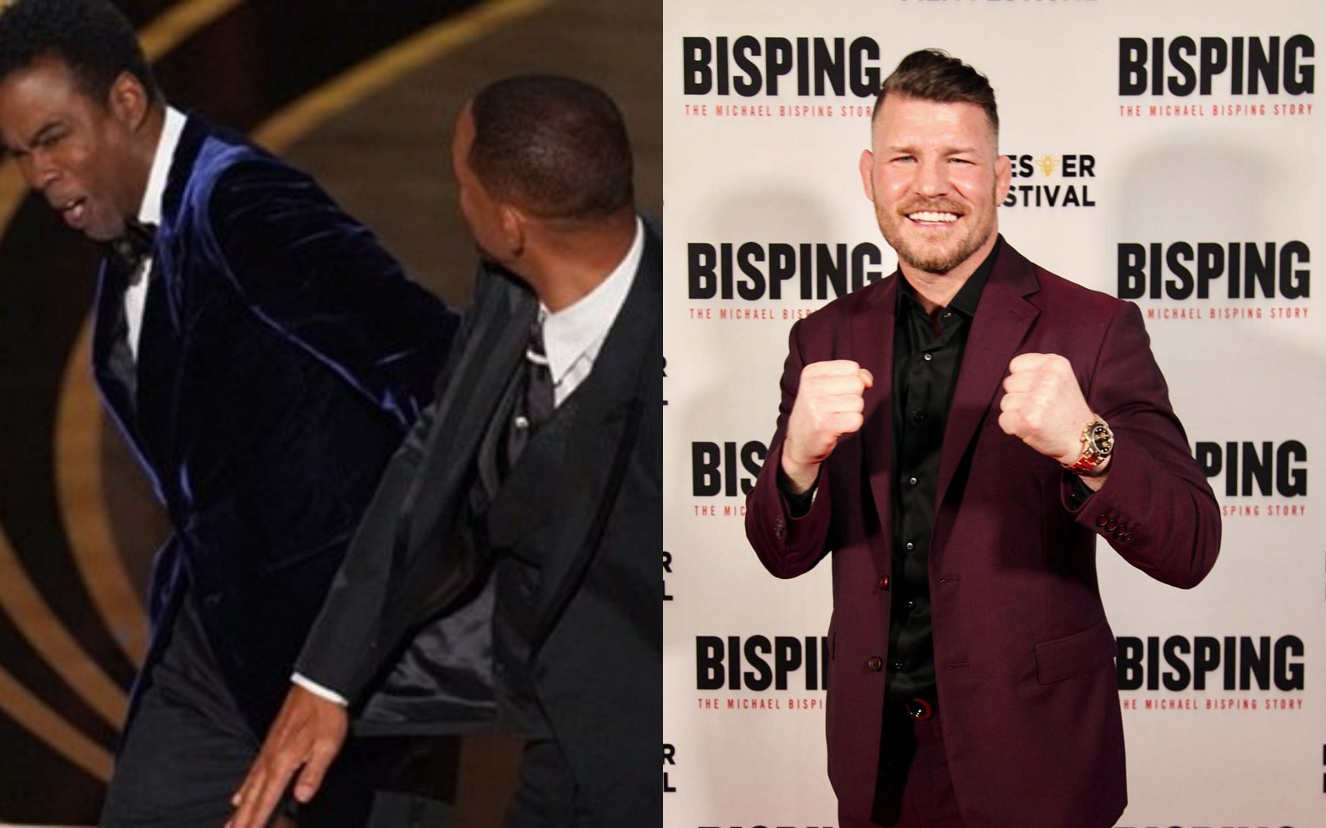 Will Smith slaps Chris Rock (left), Michael Bisping (right) [Images via @RapTV on Twitter and @mikebisping on Instagram]