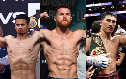 Rolly Romero (left), Canelo Alvarez (center), and Dmitry Bivol (right)