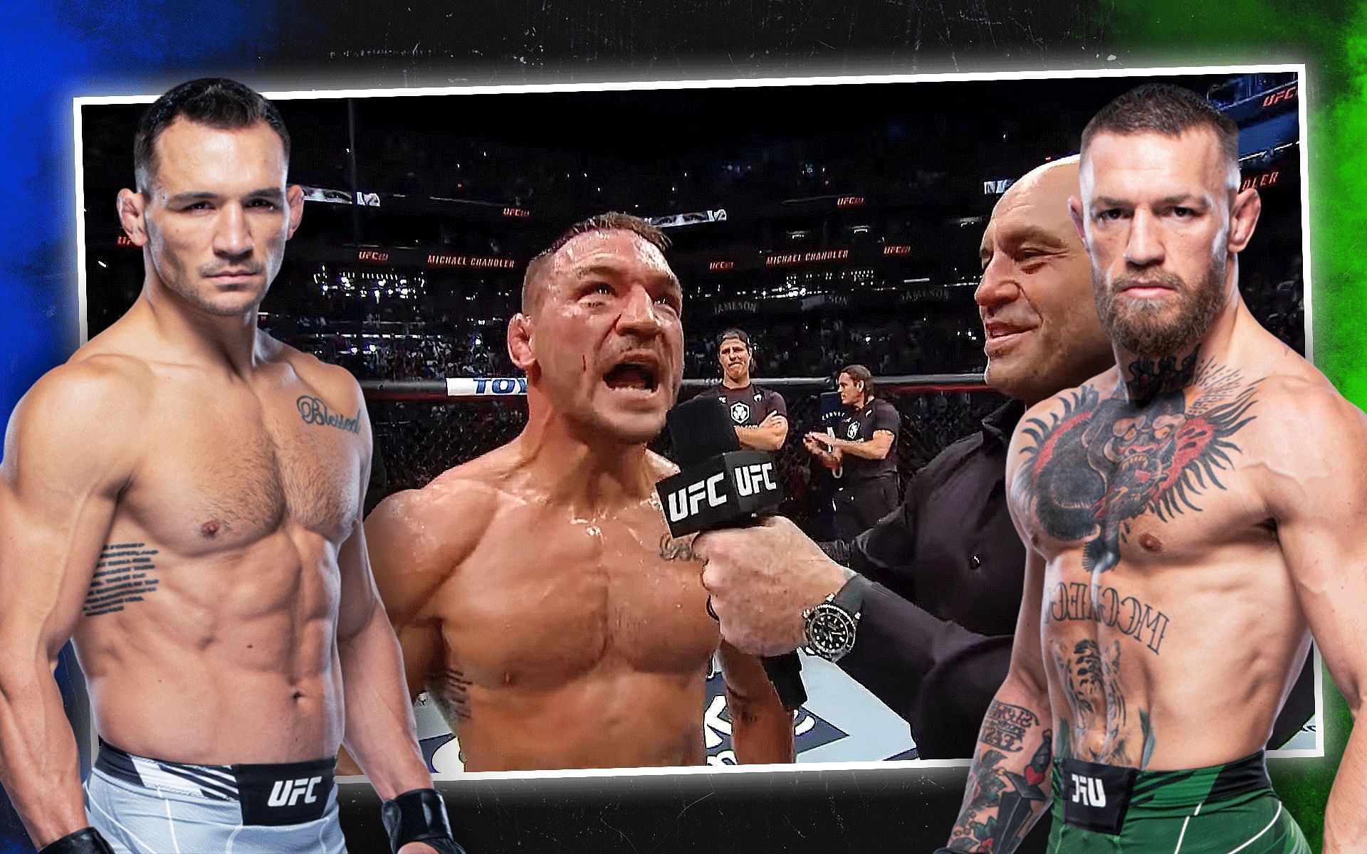 Will we see Conor McGregor (right) and Michael Chandler (left and center) sharing the octagon next? [Image courtesy - UFC on YouTube and ufc.com]