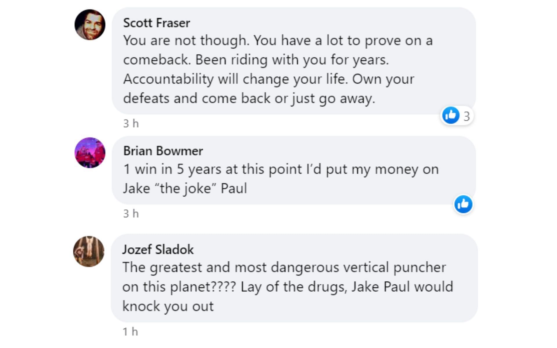 Compilation of comments under McGregor's post on Facebook