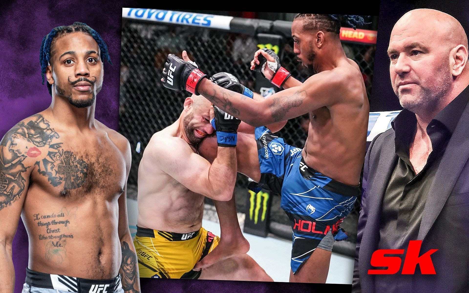 (L-R) Joseph Holmes, Holmes vs. Alen Amedovski, and Dana White [Image credits: UFC.com, UFC Instagram, and Getty]