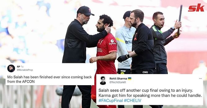 “Karma got him for speaking more than he could handle” – Rival fans react as Liverpool superstar Mohamed Salah limps off with injury during FA Cup final against Chelsea