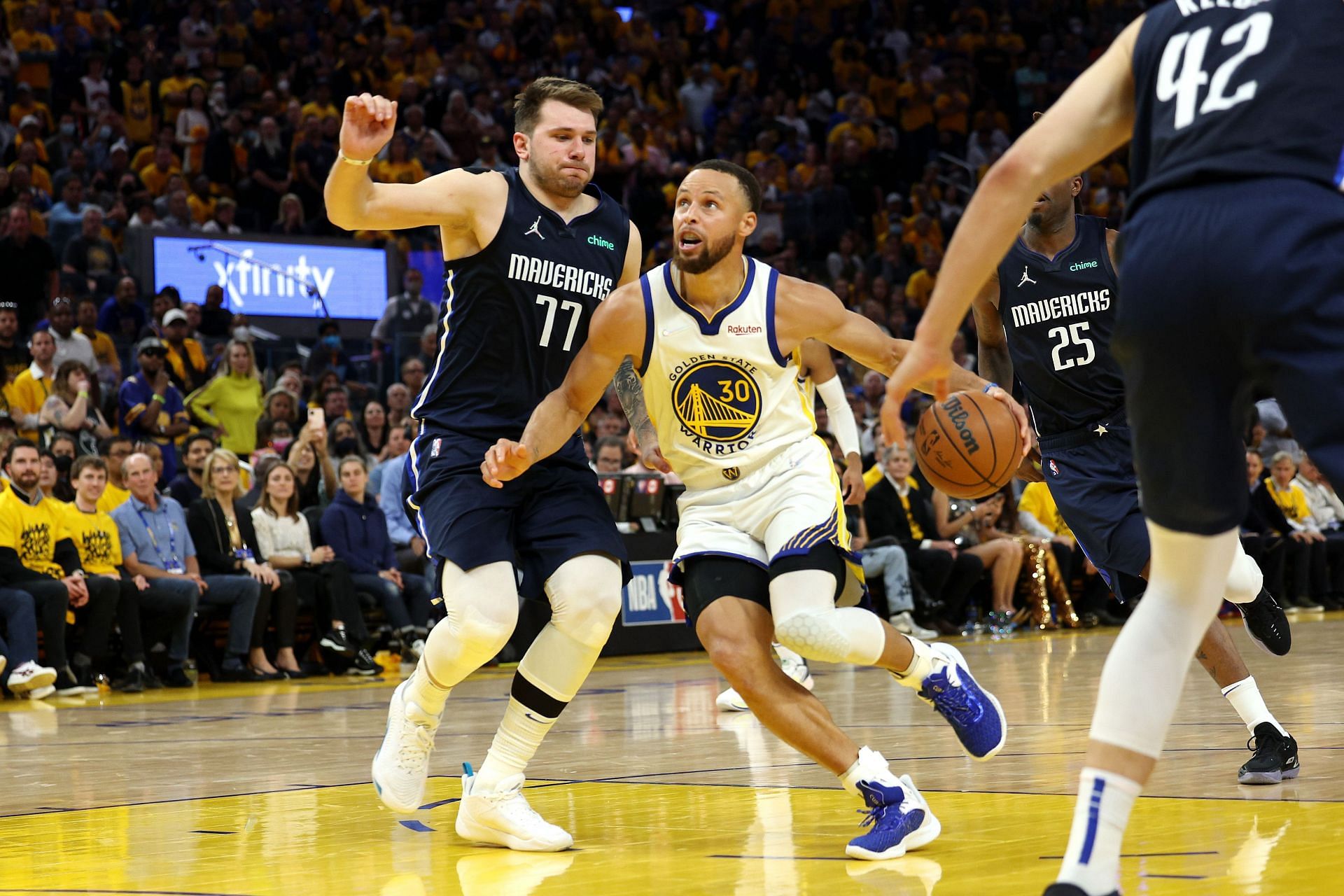 Luka Dončić, left, and Stephen Curry, right. Dončić&#039;s performance in Game 7 of the Western Conference finals is perhaps one of his best games ever.