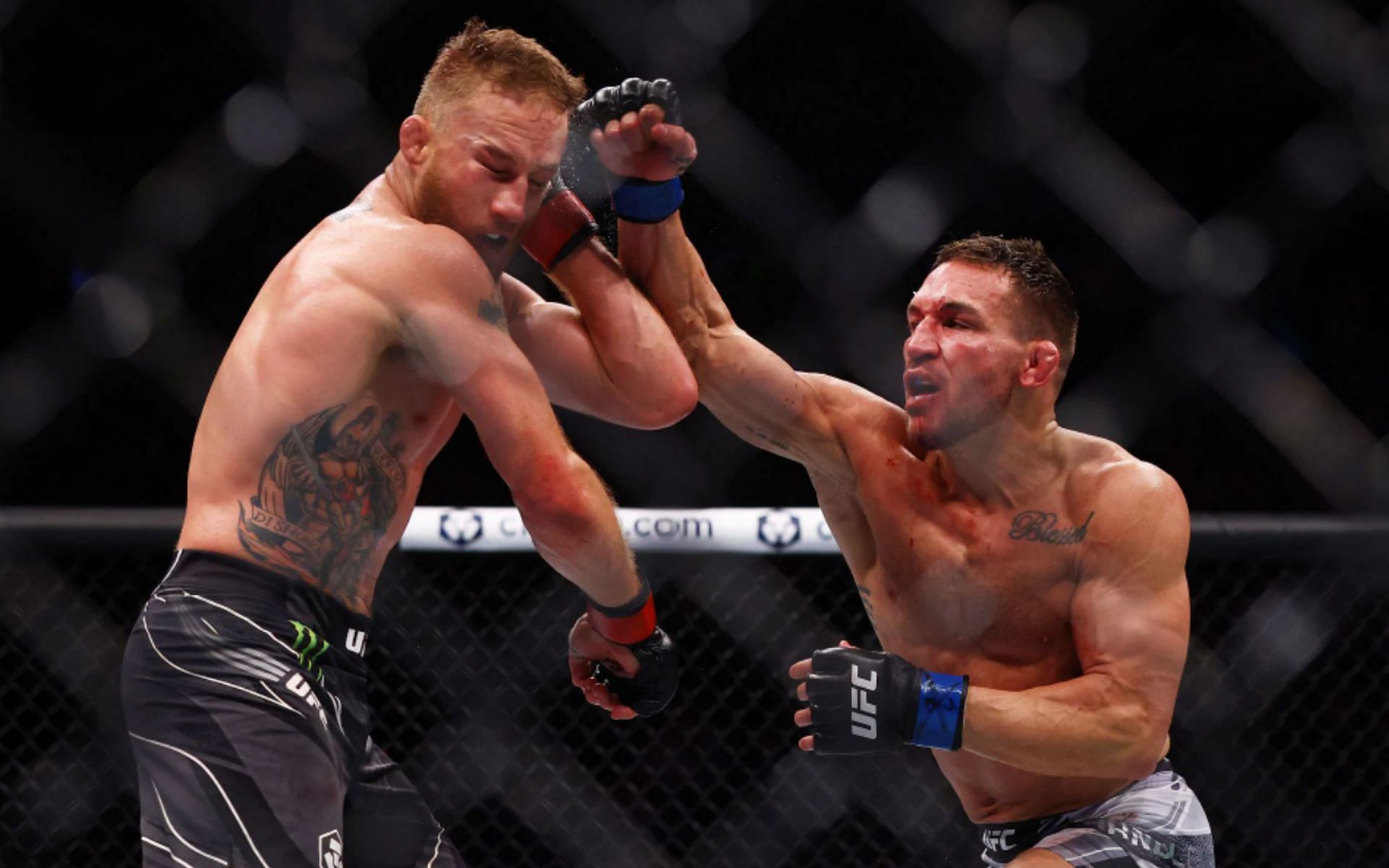 Justin Gaethje (left) and Michael Chandler (right) during their fight at UFC 268.