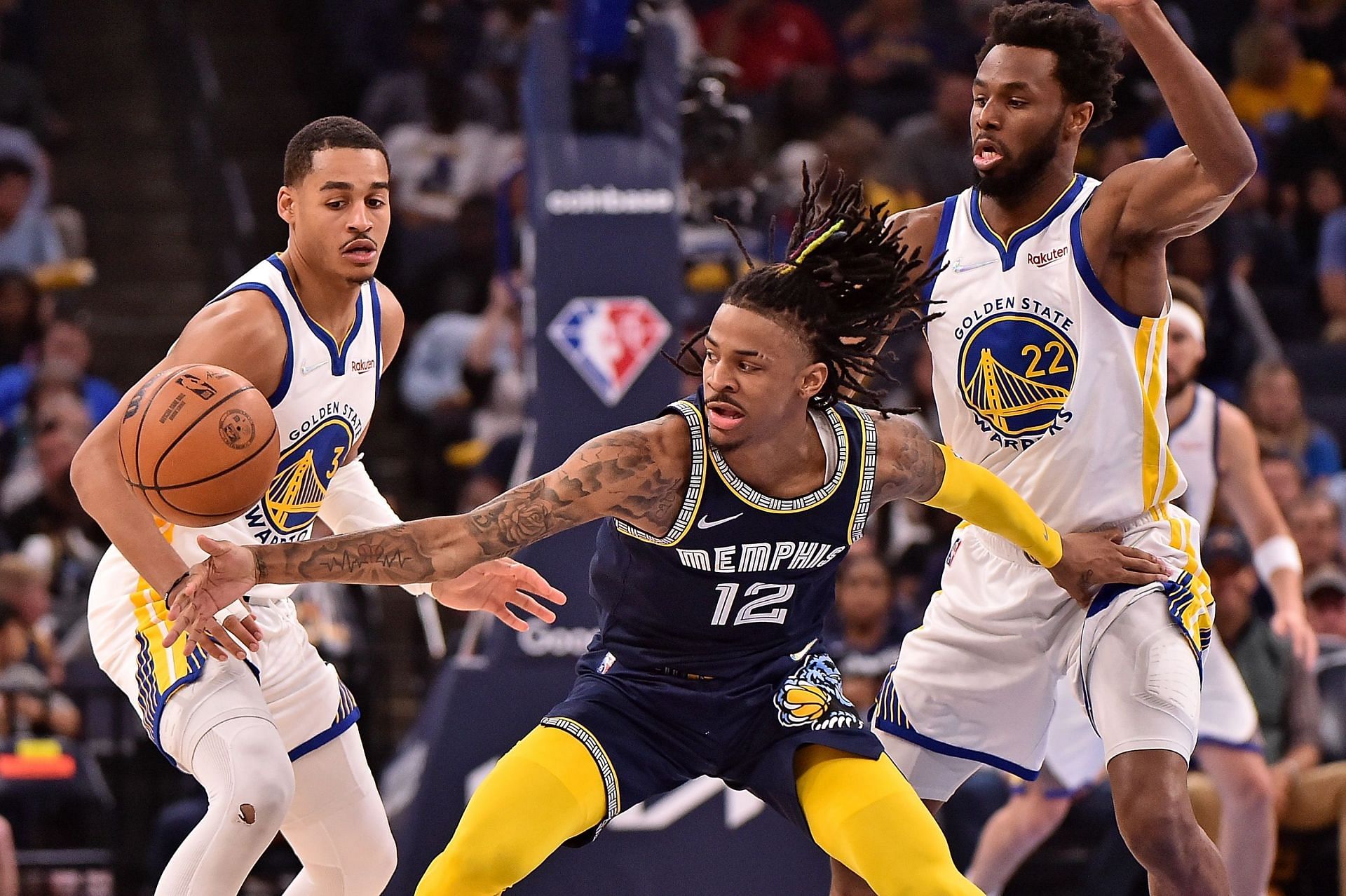 Jordan Poole and Ja Morant in action during Golden State Warriors v Memphis Grizzlies - Game Two