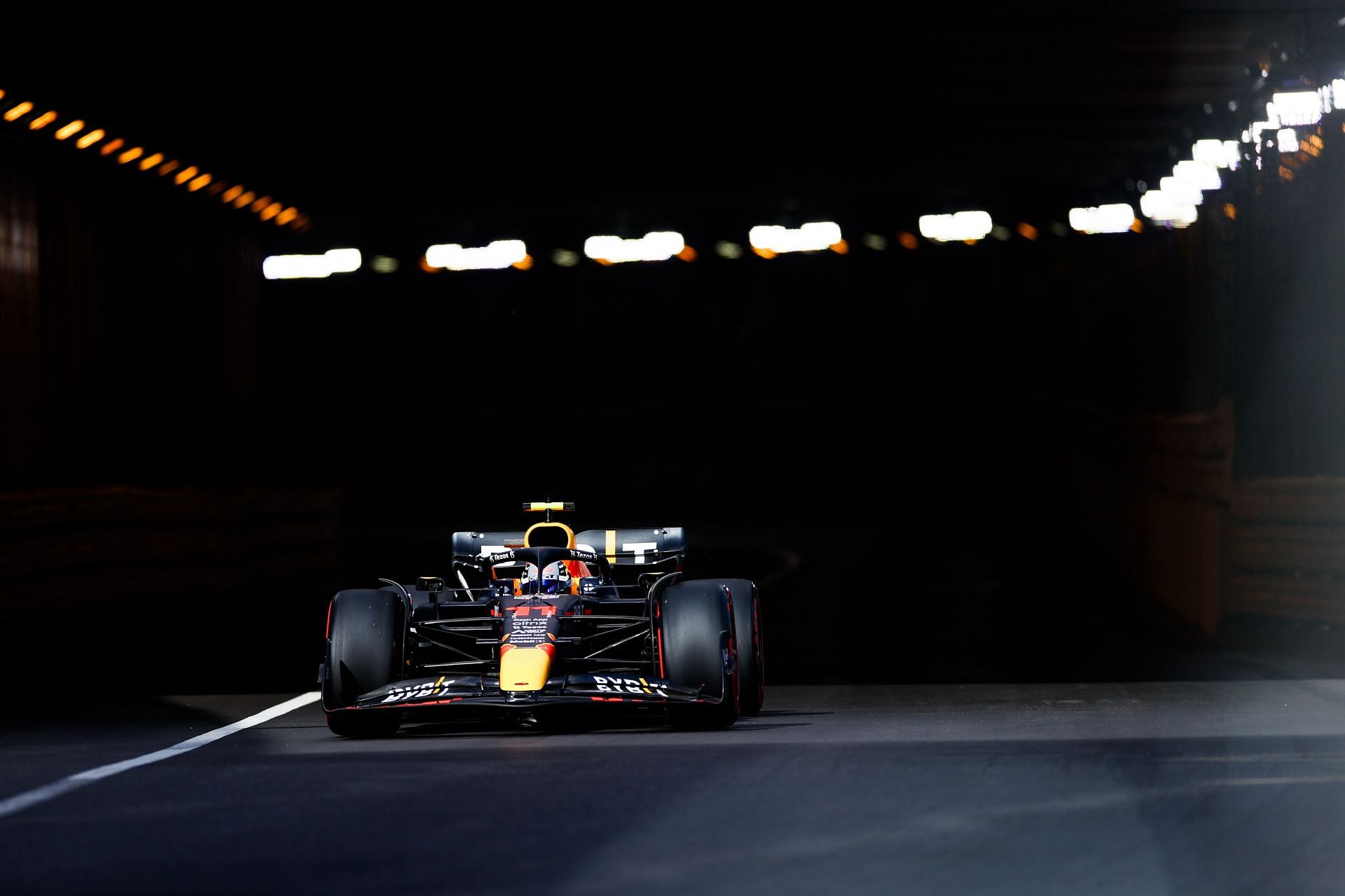 Red Bull&#039;s Sergio Perez emerges from the tunnel at the Circuit de Monaco during FP1 for the 2022 F1 Monaco GP (Photo by Peter Fox/Getty Images)