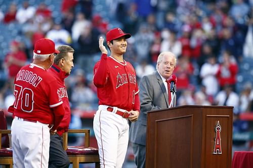 Shohei Ohtani of the Los Angeles Angels during a ceremony for his 2021 American League MVP award.