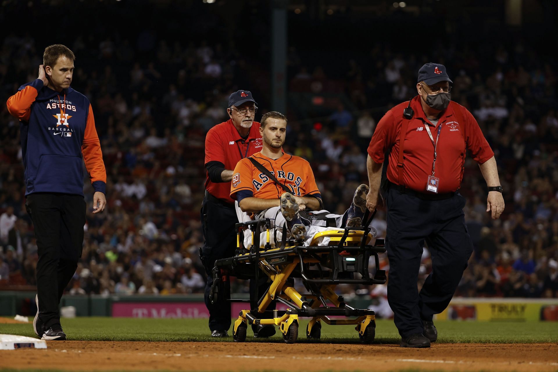 Houston Astros starter Odorizzi is carried out on a stretcher after suffering an apparently serious injury to his left leg at Fenway Park.