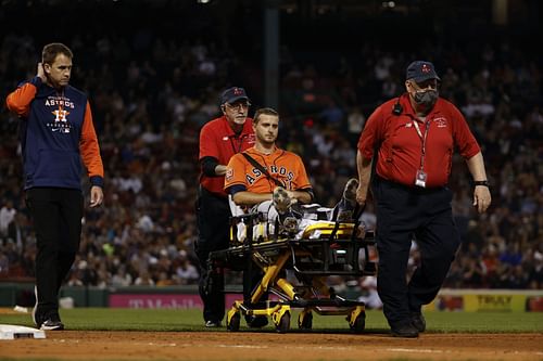 Houston Astros starter Odorizzi is carried out on a stretcher after suffering an apparently serious injury to his left leg at Fenway Park.