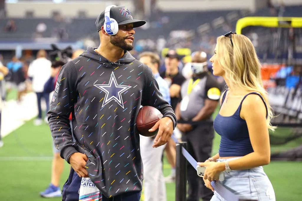 Dak Prescott (left) pictured alongside his girlfriend Natalie Buffett before an NFL game