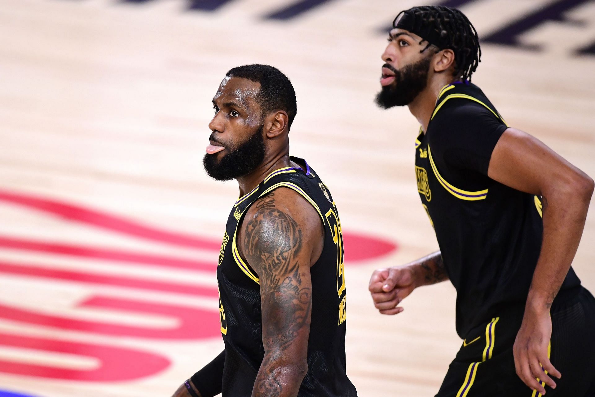 LeBron James, left, and Anthony Davis of the LA Lakers in the 2020 NBA Finals