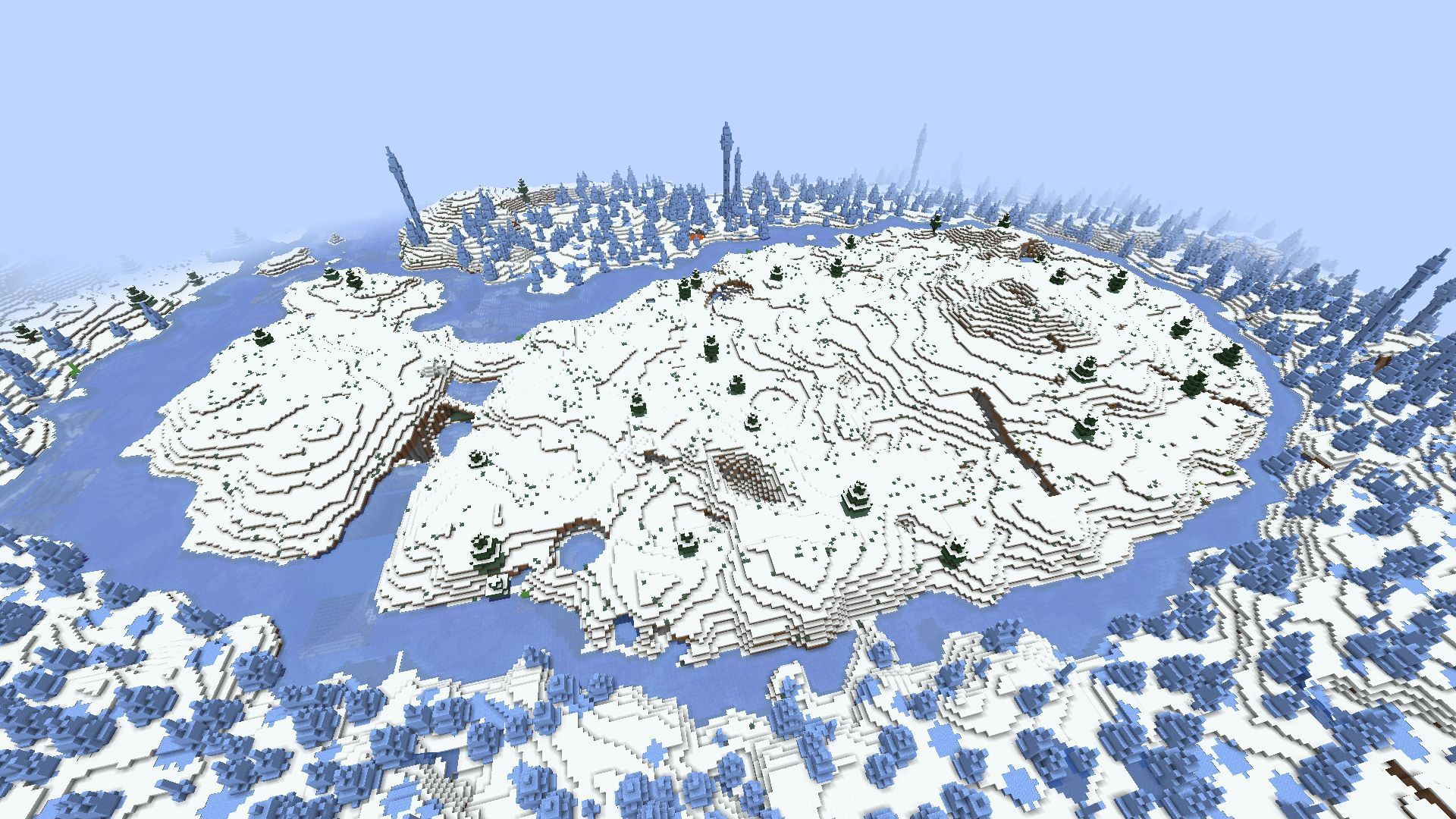 The snowy plains, surrounded by a field of ice spikes (Image via Minecraft)