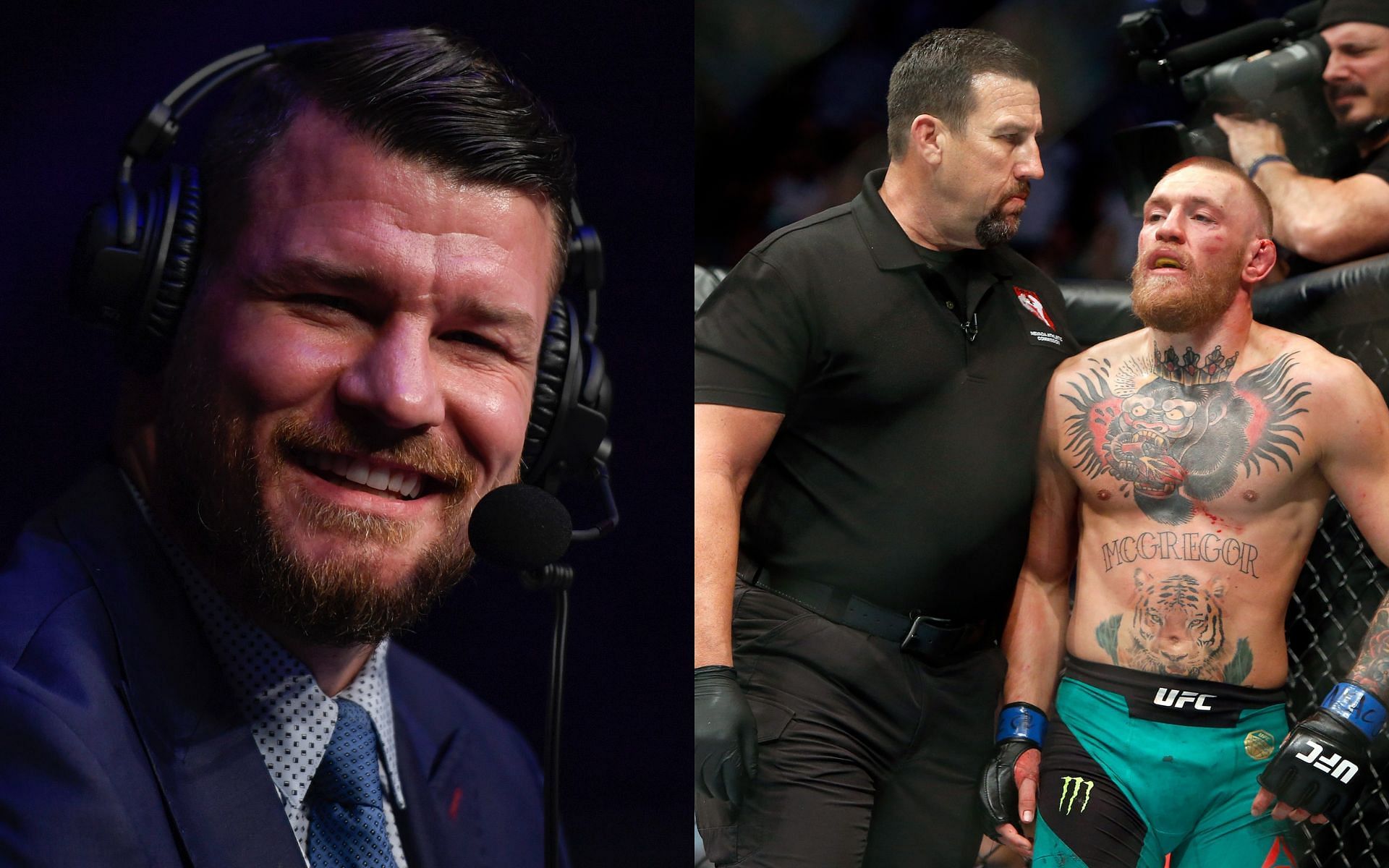 Michael Bisping (left), John McCarthy and Conor McGregor (right)