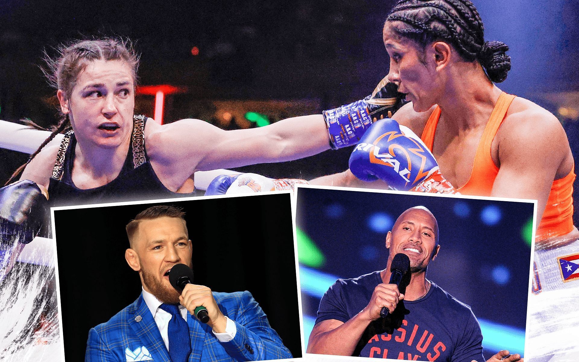 Conor McGregor (bottom left), The Rock (bottom right), and others react to Katie Taylor vs. Amanda Serrano (top)