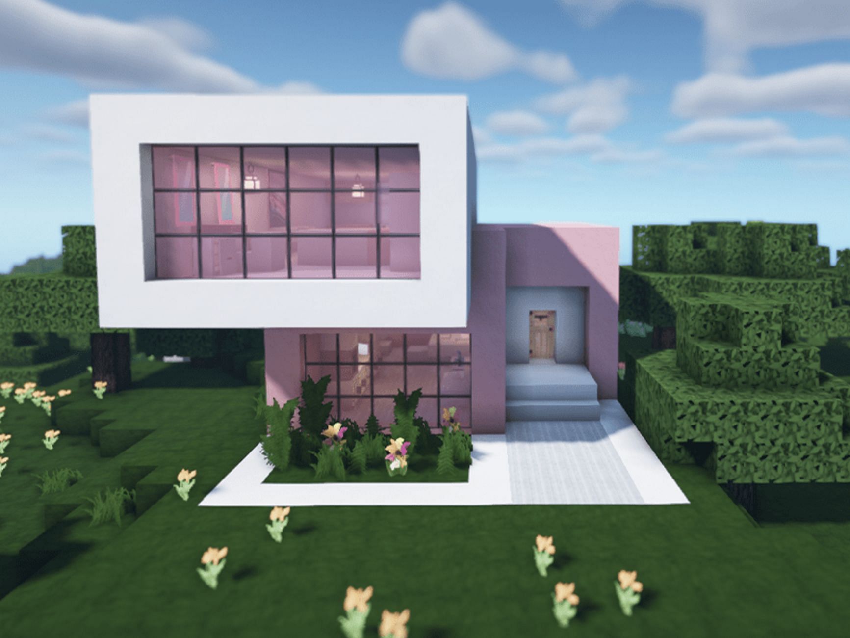 This design takes a modern house build in a pastel pink direction (Image via GAMES/Youtube)