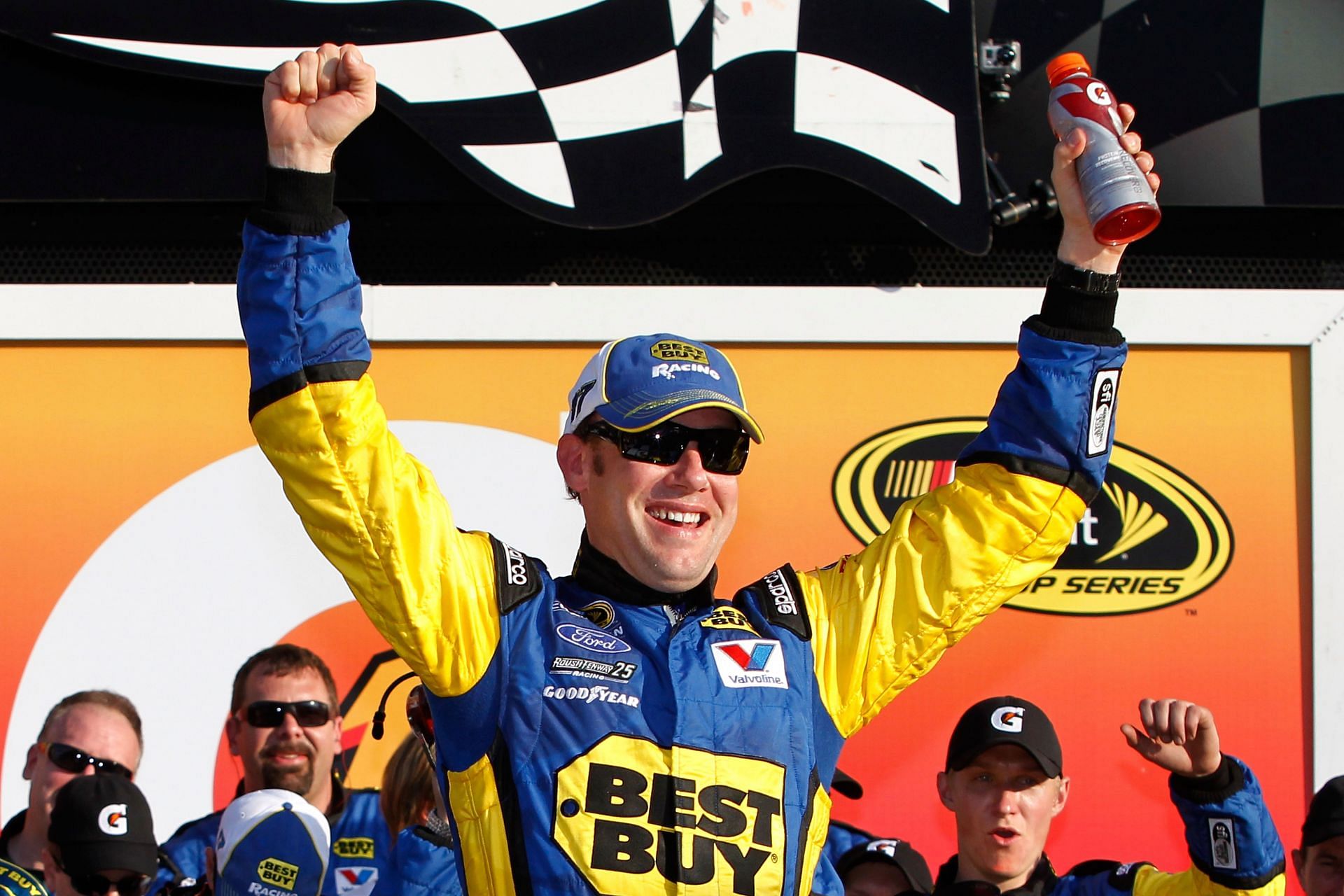 Matt Kenseth celebrates in Victory Lane after winning the NASCAR Sprint Cup Series Gatorade Duel 2 at Daytona International Speedway (Photo by Tom Pennington/Getty Images for NASCAR)