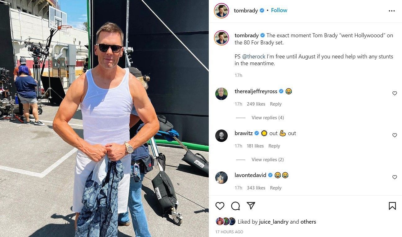 The veteran QB flexes on the set of his new film. Credit: @tombrady