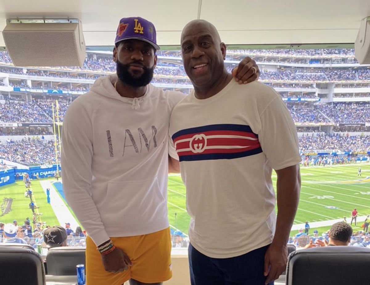 NBA legends Magic Johnson and LeBron James at the LA Chargers game