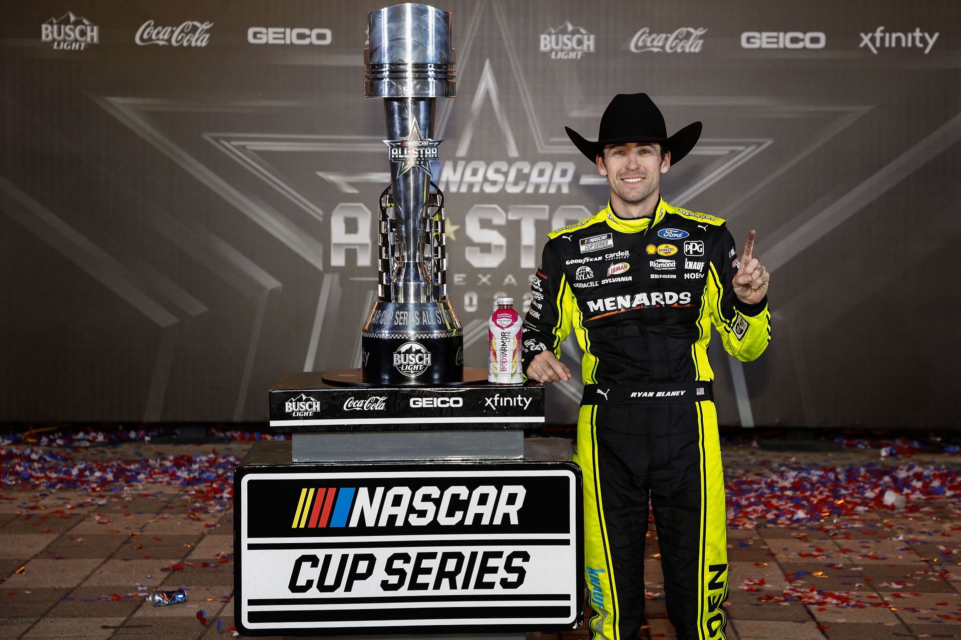 Ryan Blaney celebrates in victory lane after winning the NASCAR Cup Series All-Star Race at Texas Motor Speedway.
