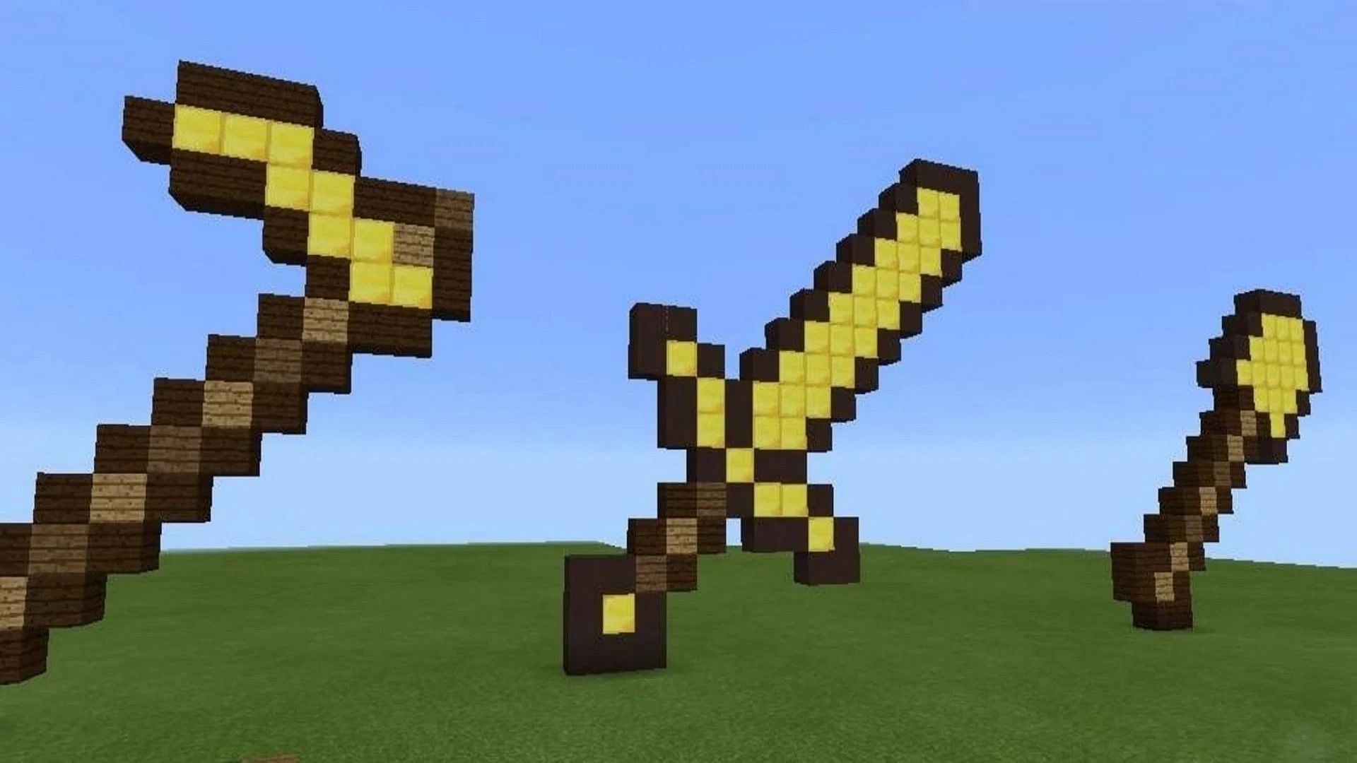 Minecraft&#039;s golden tools as pixel art (Image via GrassKid/Minecraft Amino)