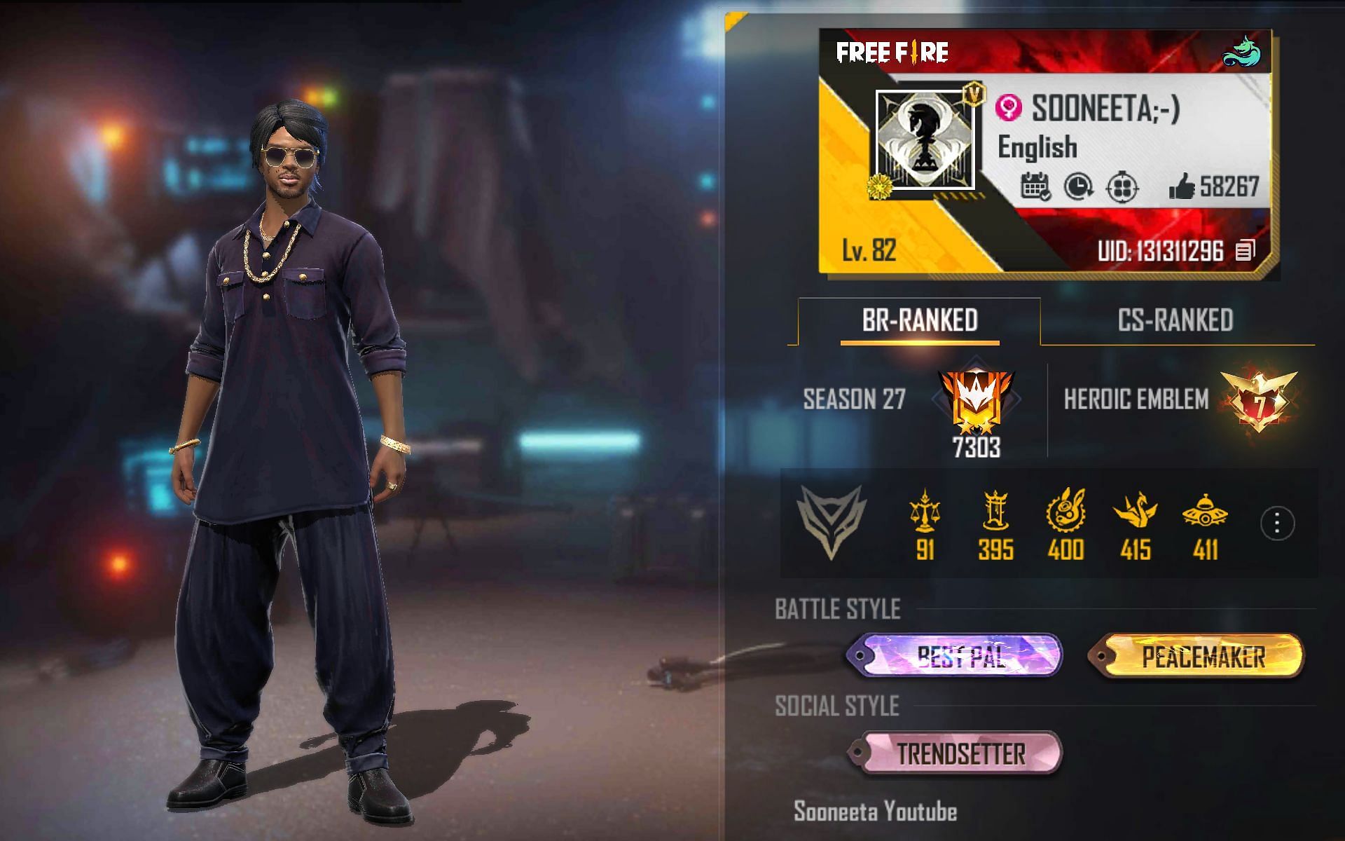 Sooneeta&#039;s Free Fire ID (Image via Garena)