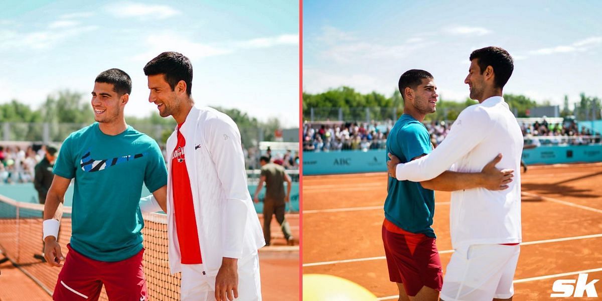 Carlos Alcaraz and Novak Djokovic embracing one another before hitting the practice courts
