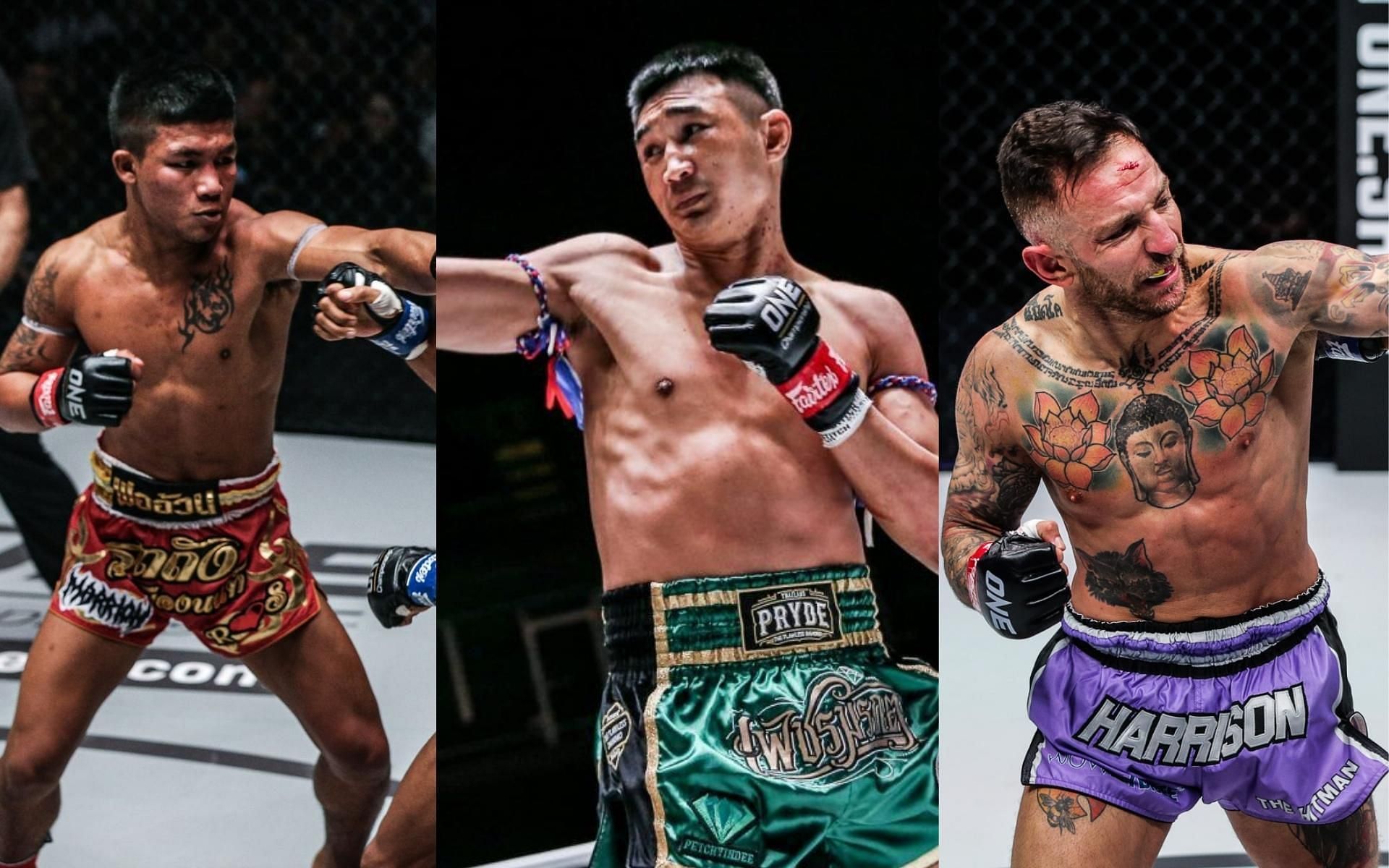 (From left to right) Rodtang Jitmuangnon, Petchmorakot Petchyindee, and Liam Harrison. (Images courtesy of ONE Championship)
