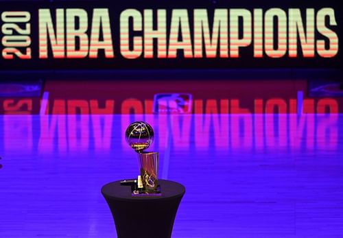 The Larry O'Brien Championship Trophy on display during a banner unveiling ceremony.