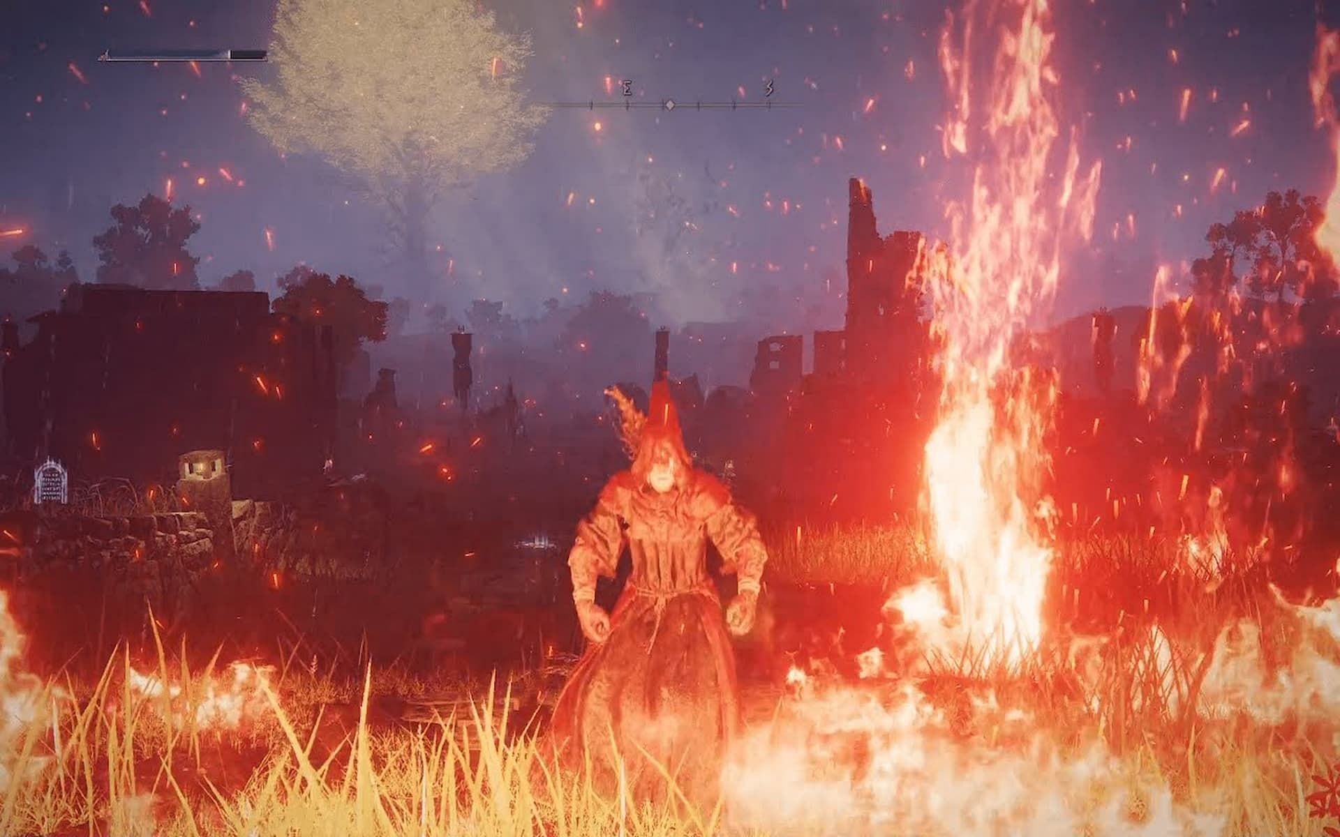 A Tarnished stands, surrounded by fire in Elden Ring (Image via FromSoftware Inc.)
