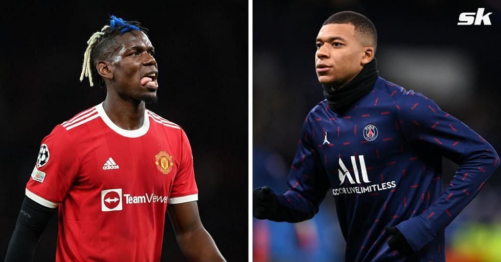 Manchester United&#039;s Paul Pogba (left) and Kylian Mbappe of Paris Saint-Germain