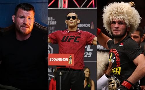 Michael Bisping (left), Tony Ferguson (center), Khabib Nurmagomedov (right) [Bisping image courtesy YouTube/Michael Bisping]