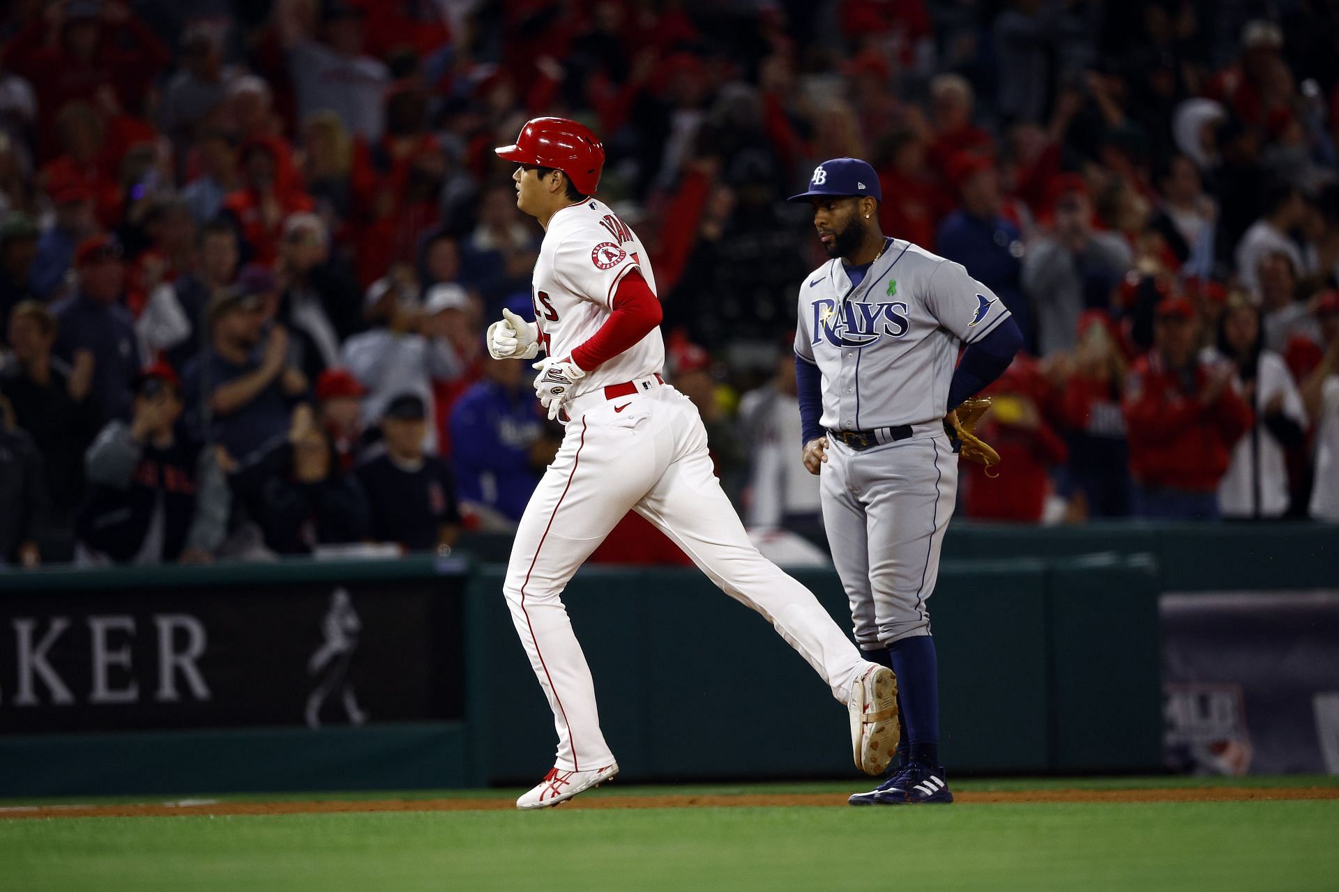 Angels phenomenon Ohtani hit his first career grand slam against the Tampa Bay Rays. He is seen here rounding the bases after the milestone.