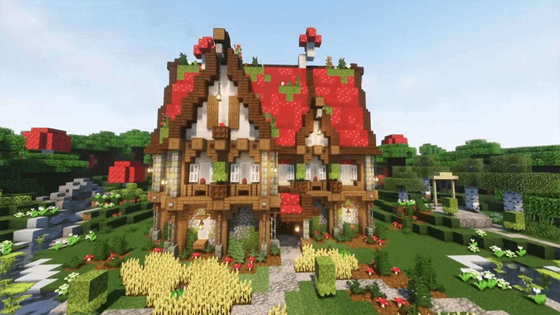 This design takes a step up from a standard mushroom house (Image via jjaaxxthelegend/YouTube)