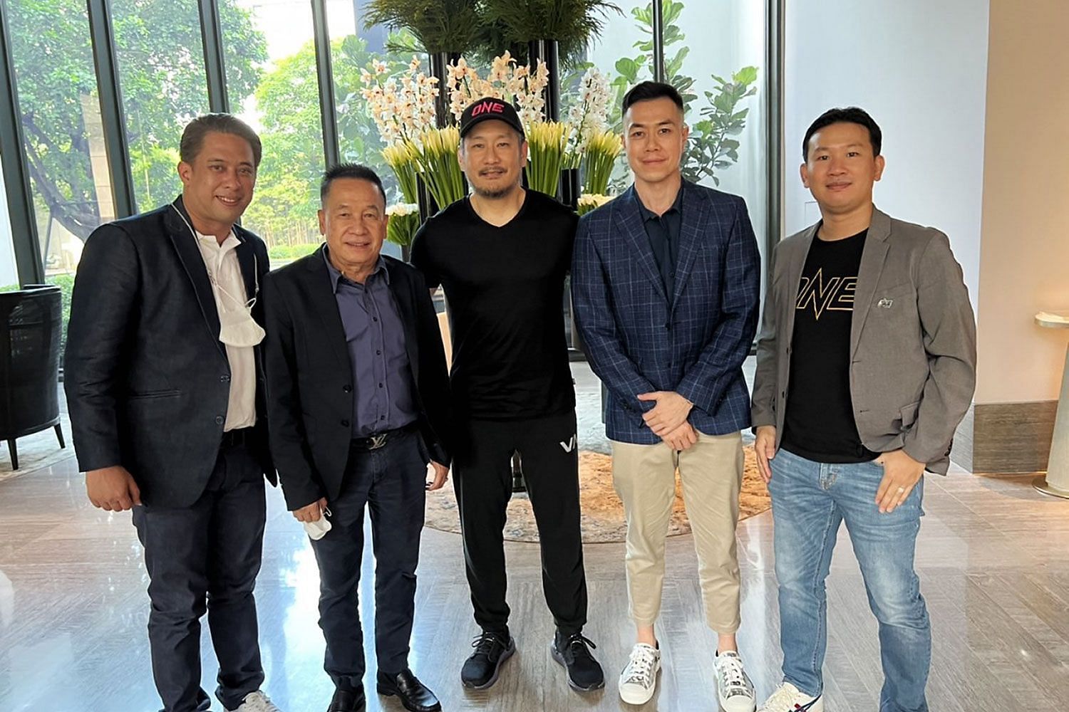 ONE Championship CEO Chatri Sityodtong (third from right) and Fairtex promoter Prem Busarabavonwongs (second from right) [Photo Credit: Fairtex Instagram @fairtextrainingcenter]