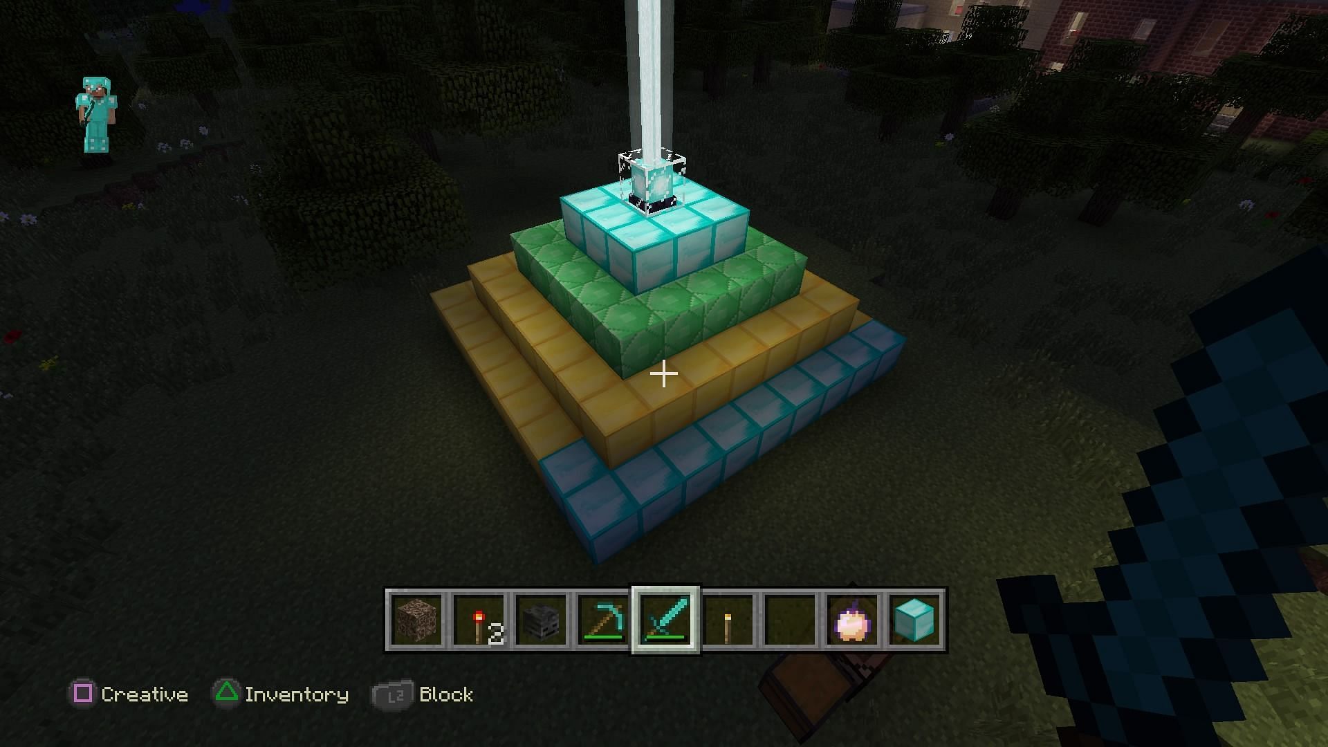 A beacon made of several of the game&#039;s different craftable blocks (Image via playstationtrophies.org)