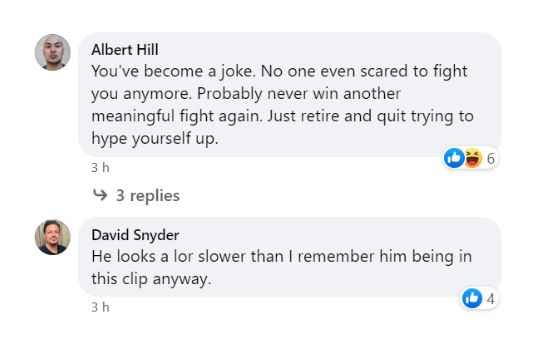 Screenshots of comments under McGregor&#039;s post on Facebook