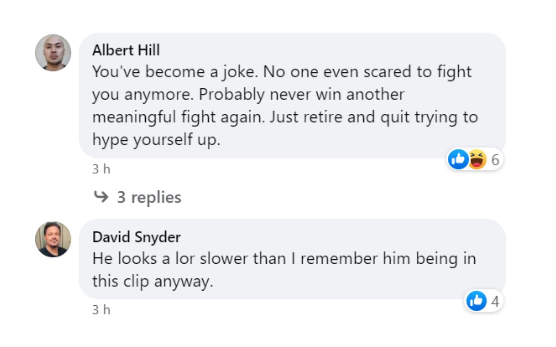 Screenshots of comments under McGregor's post on Facebook