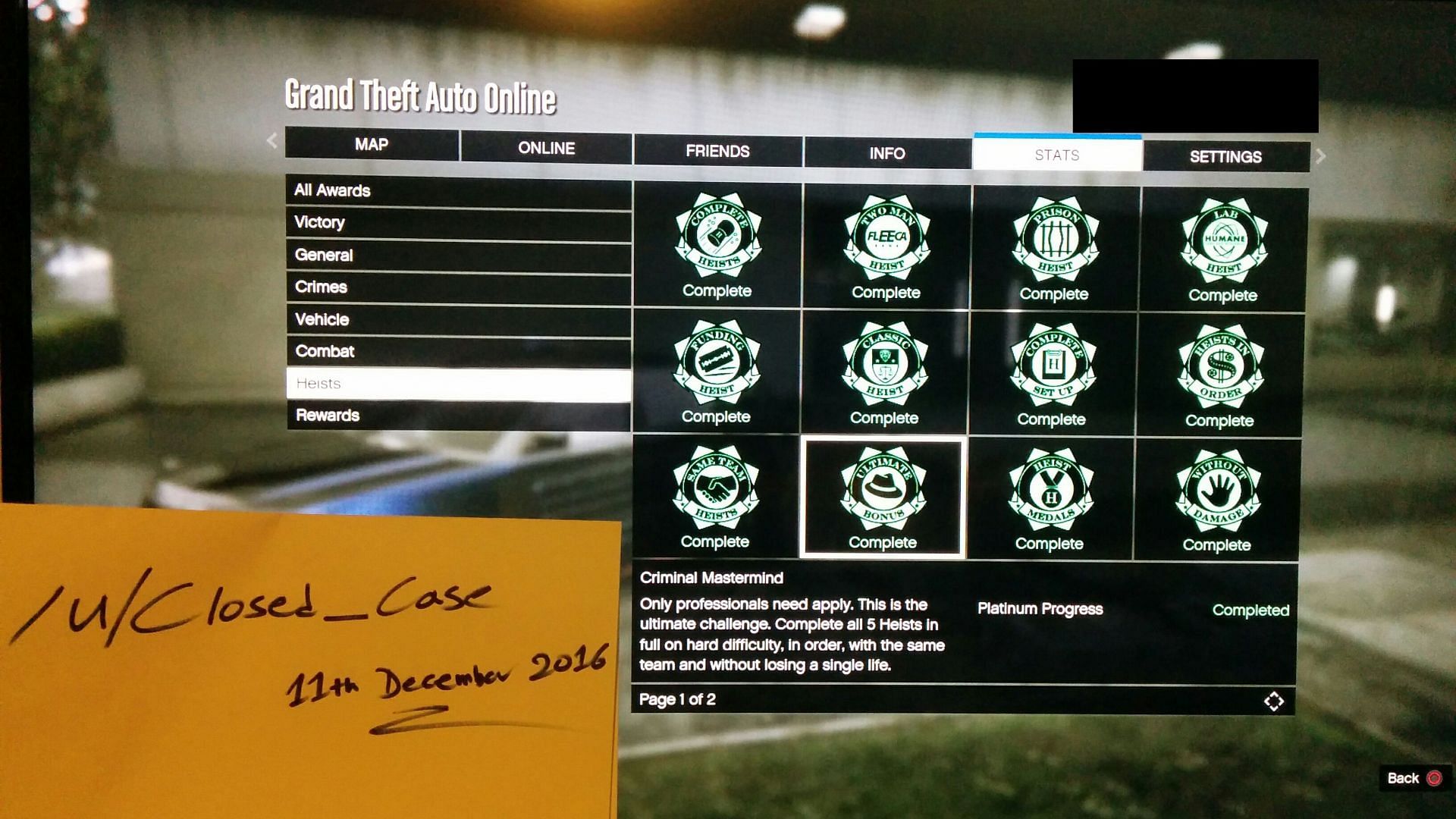 GTA Online&#039;s Criminal Mastermind award is one of the most elusive (Image via Reddit/Closed_Case)