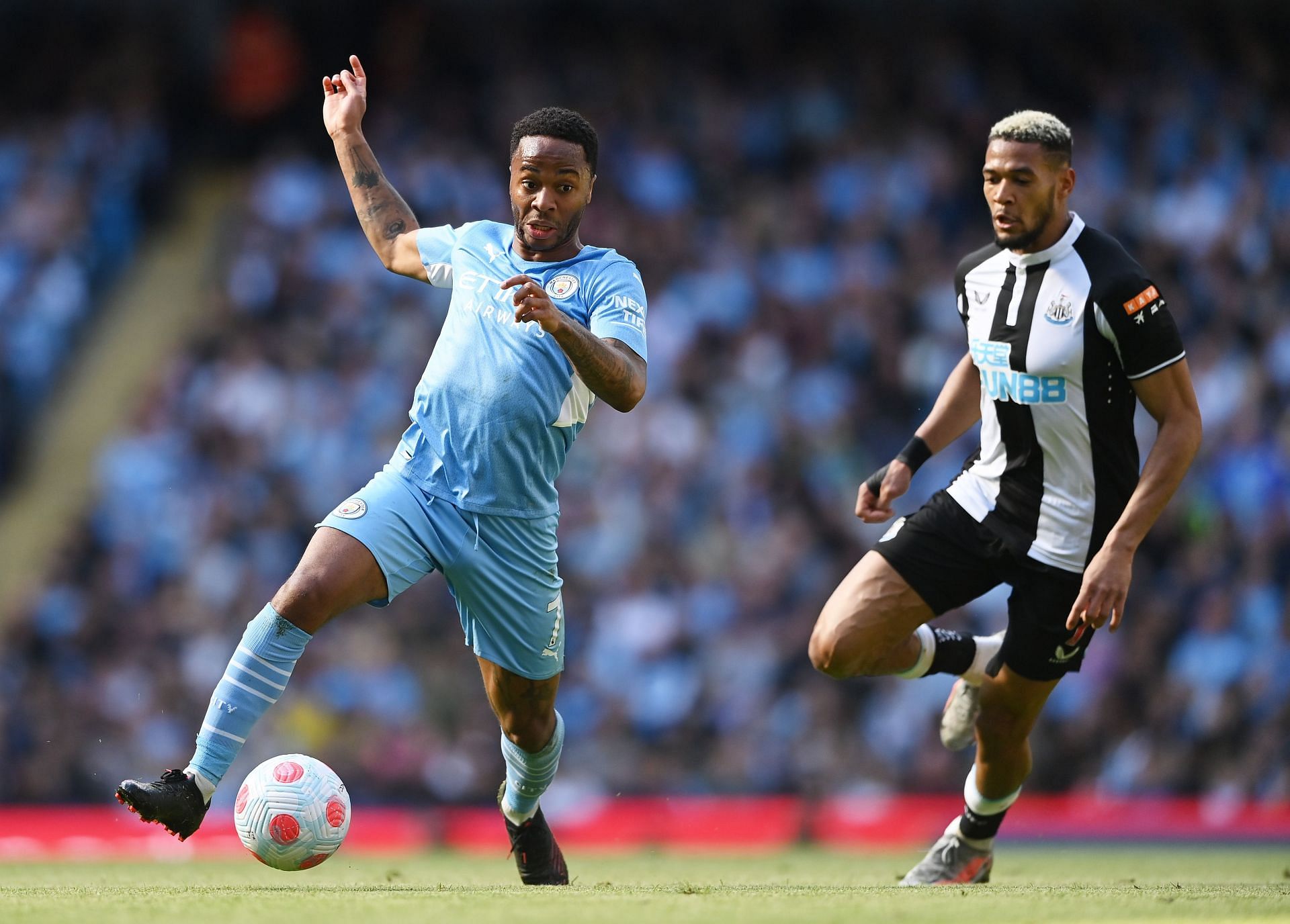 Manchester City&#039;s Raheem Sterling (L, #7) was the main man against Newcastle United on Sunday