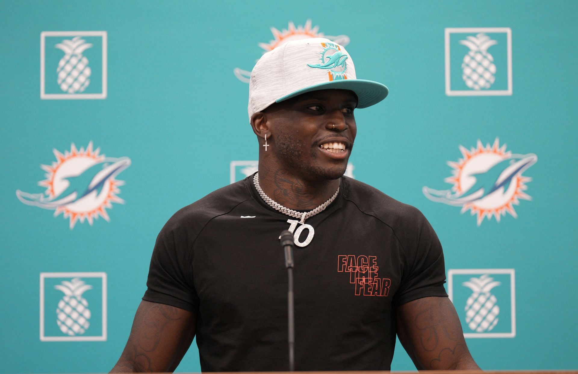 Tyreek Hill at a Miami Dolphins Press Conference.