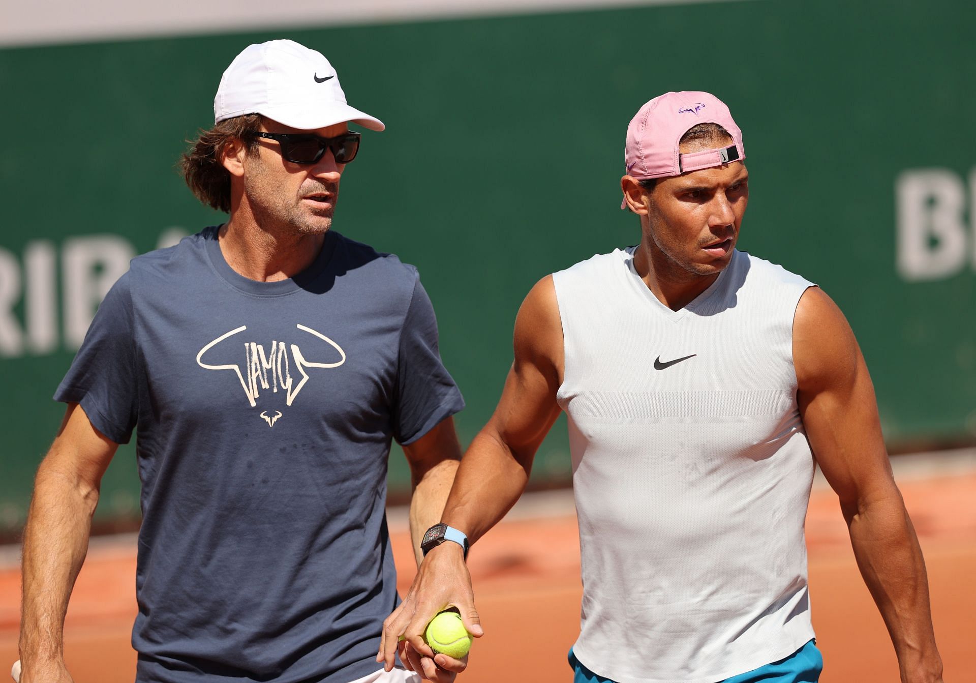 Rafael Nadal with his coach Carlos Moya as he trains in preparation for the 2021 French Open