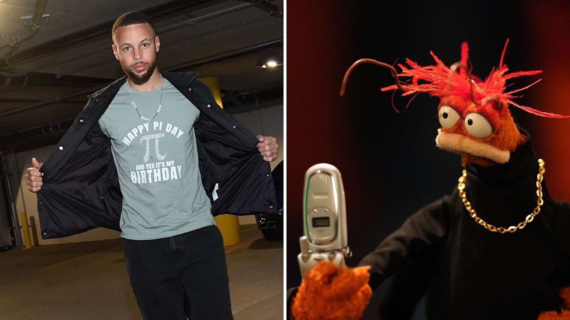 Stephen Curry gets kidnapped by Pepe the King Prawn on Holey Moley (Image via stephencurry30/Instagram,@holeymoleyabc/Twitter)