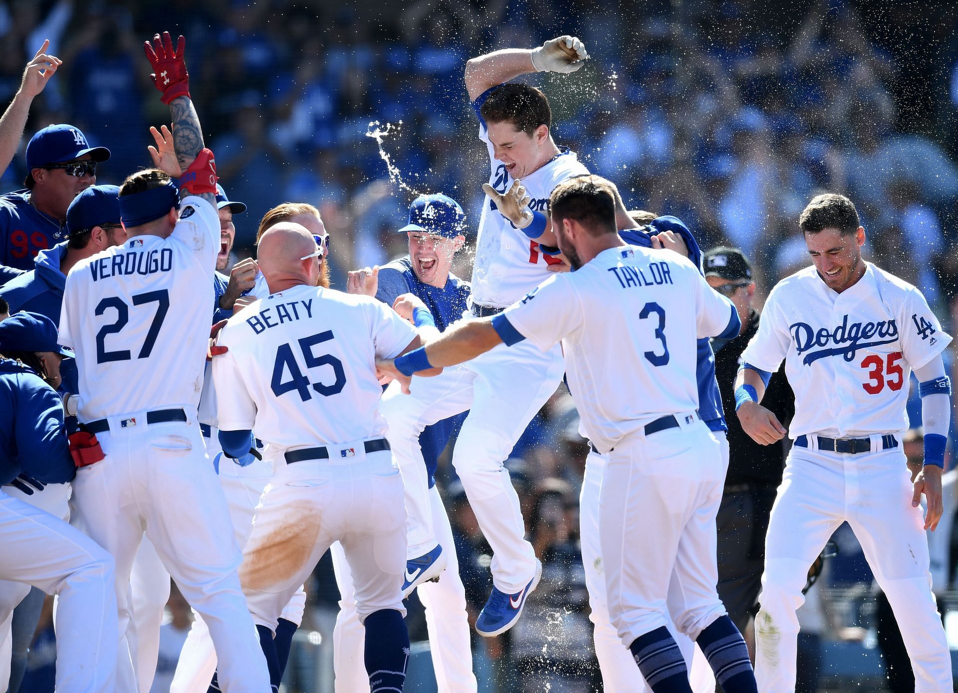The Dodgers celebrate a victory.